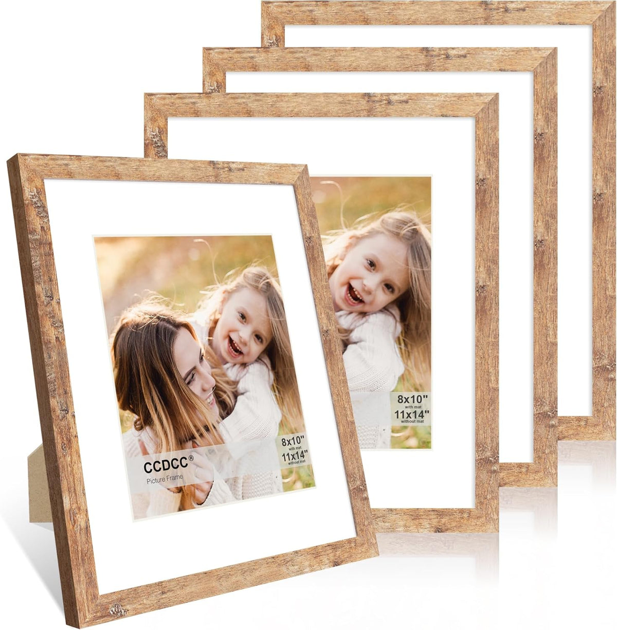 11x14 Picture Frame Set of 4, 11 x 14 Wood Photo Frames with Mat for 8x10, Natural Wooden Frame