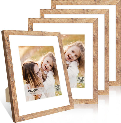 11x14 Picture Frame Set of 4, 11 x 14 Wood Photo Frames with Mat for 8x10, Natural Wooden Frame