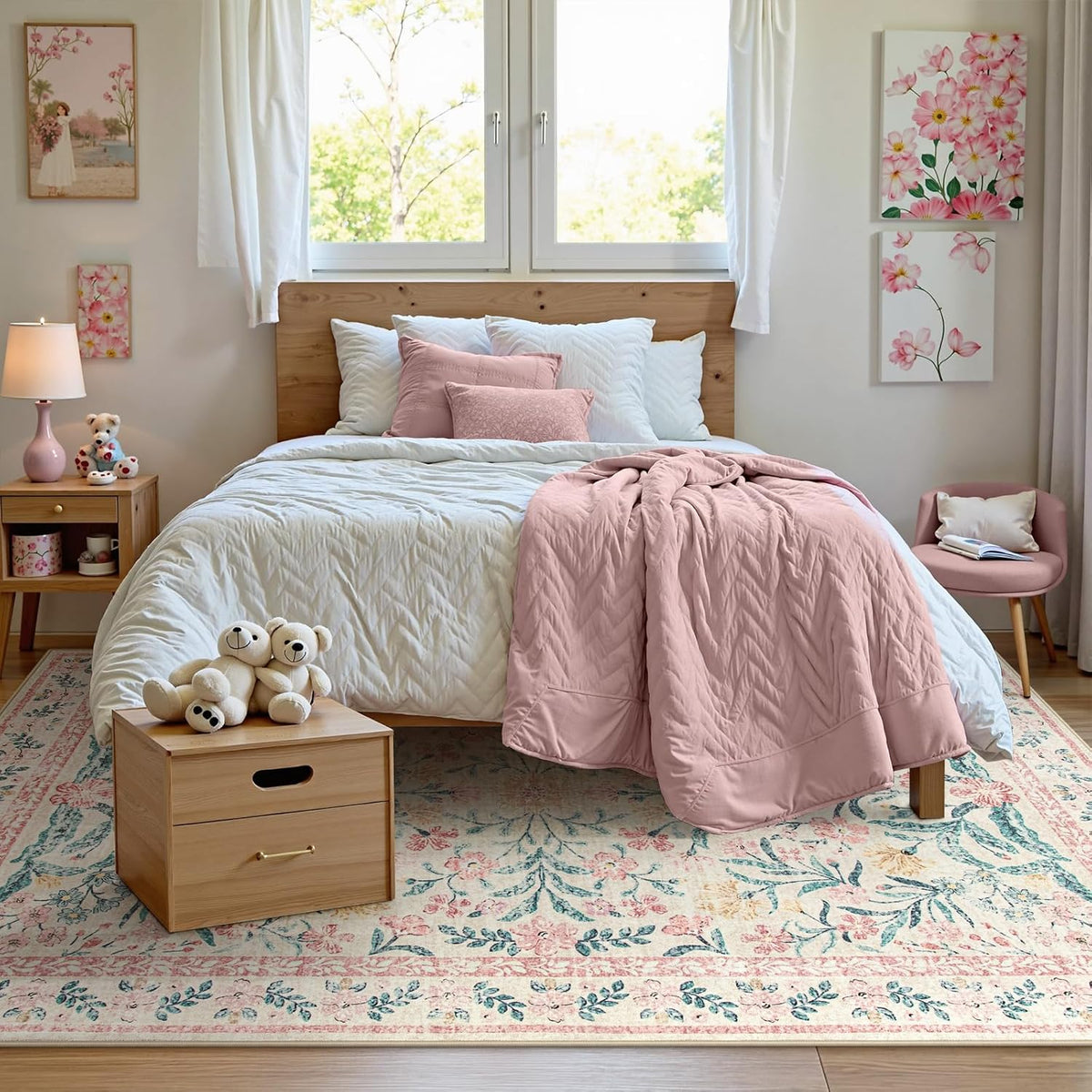 Wonnitar Washable Area Rug 6x9, Pink Floral Rugs for Bedroom Girls Soft Living Room Carpet
