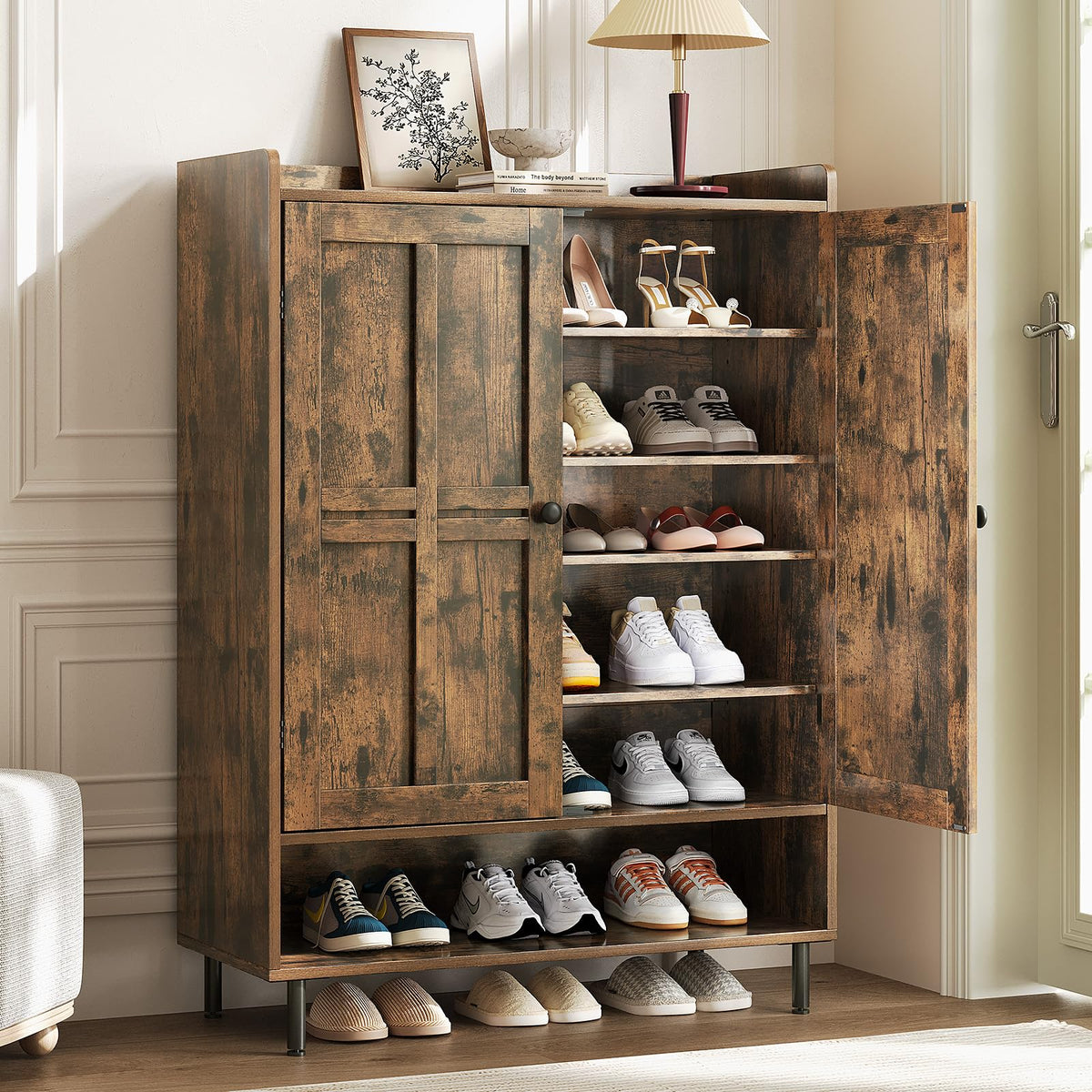 ComfyCorner Shoe Cabinet with Cross Molding Doors, 6-Tier Storage, Brown