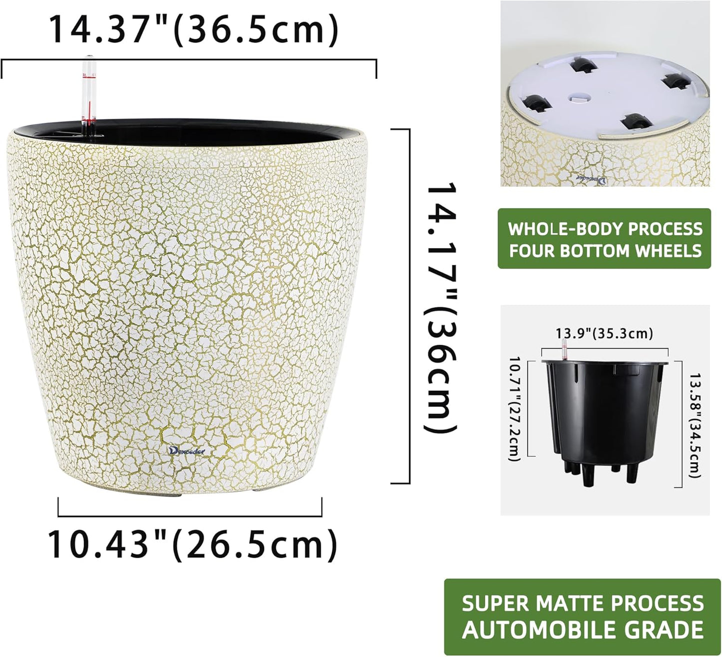 Dexceder 15x14 Self Watering Planter with Wheels Indoor Outdoor, Inner Pot Design, Thickened Large
