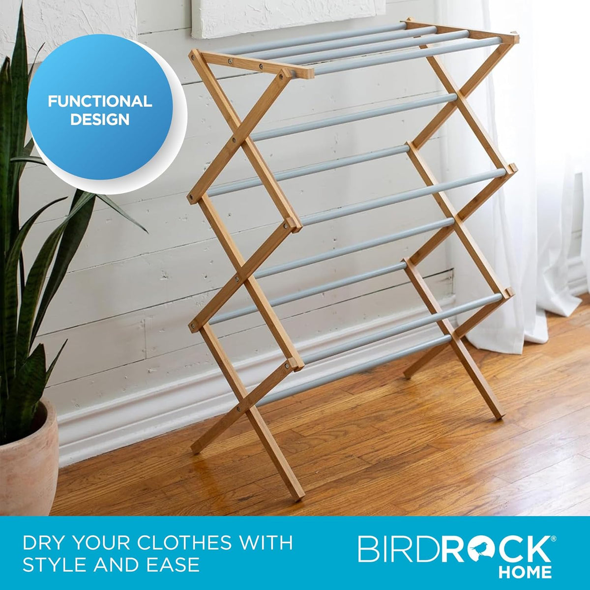 BirdRock Home Wooden Clothes Drying Rack | 3-Tier Foldable Bamboo Laundry Stand | Water-Resistant