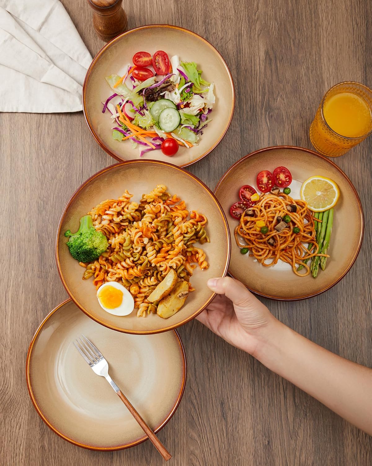 16 Piece Double Bowl Plates and Bowls Sets, Ceramic Dinnerware Sets with Pasta Bowls, Dishwasher &
