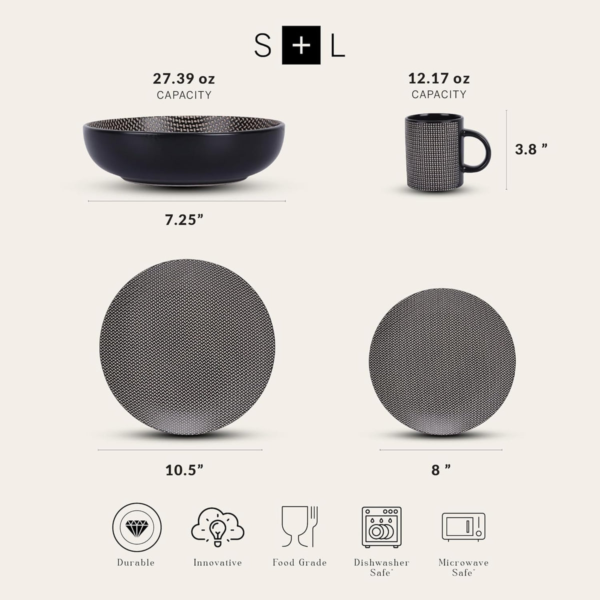 Stone Lain Daisy Stoneware 32-piece Round Dinnerware Set, Brown and Black