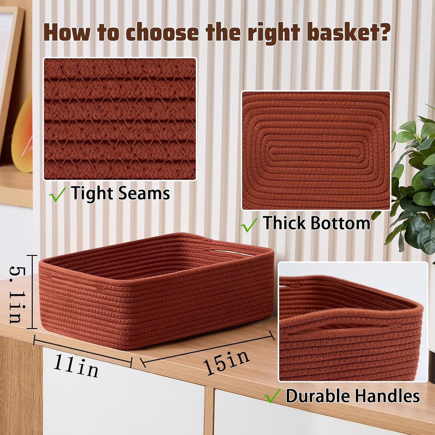 Large Shallow Organizing Baskets 15x11x5.1 Inches - Rope Woven Storage Bins for Bathroom, Shelves
