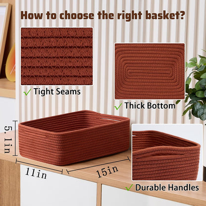 Large Shallow Organizing Baskets 15x11x5.1 Inches - Rope Woven Storage Bins for Bathroom, Shelves