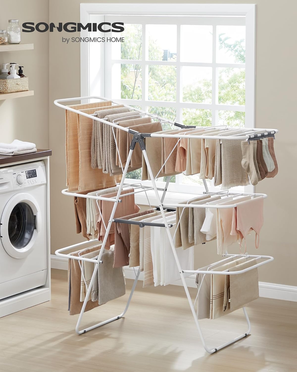 SONGMICS Clothes Drying Rack, Foldable 3-Level Laundry Rack, Free-Standing Large Drying Rack, with