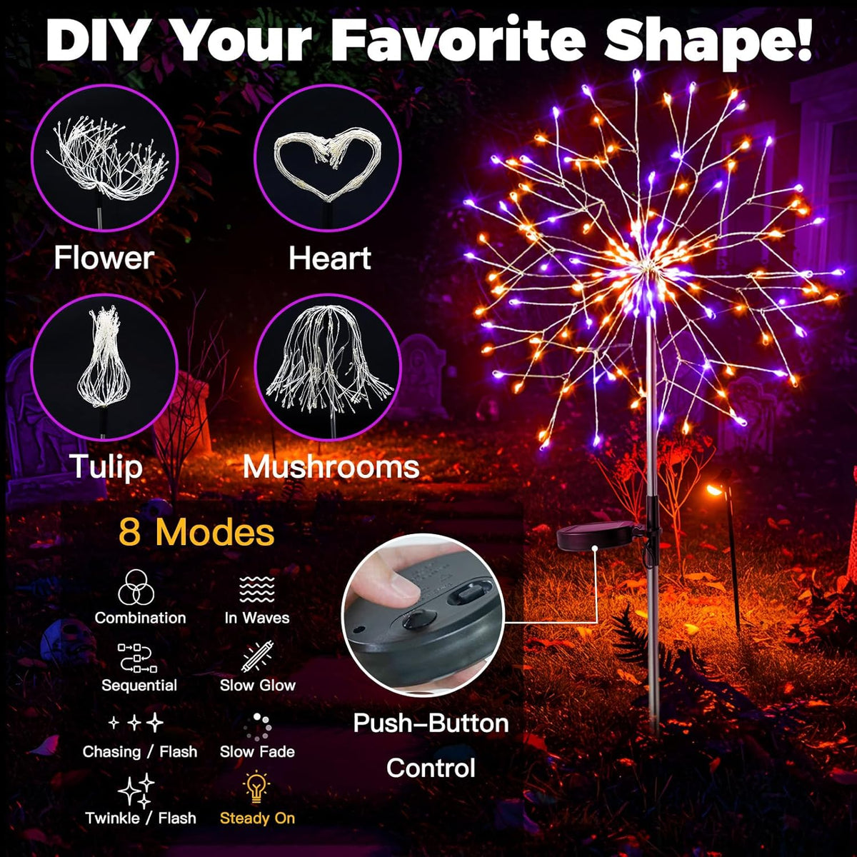 suddus Solar Halloween Lights Outdoor Solar Powered, Upgrade 2-Pack Orange & Purple Solar Firework