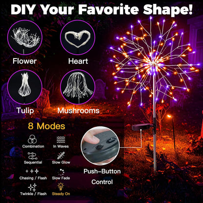 suddus Solar Halloween Lights Outdoor Solar Powered, Upgrade 2-Pack Orange & Purple Solar Firework