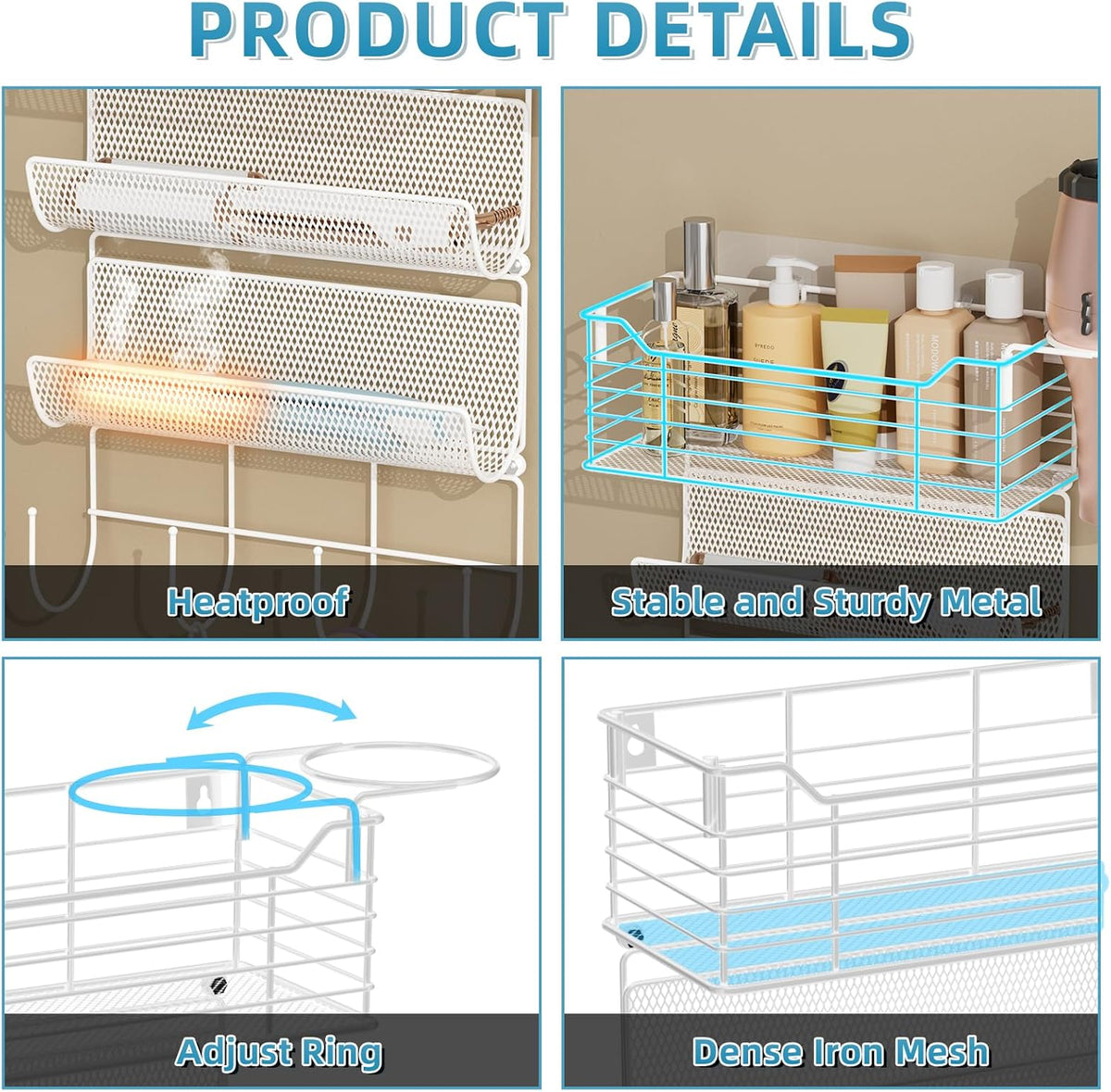 VITVITI Metal Hair Tool Organizer Wall Mount, Hair Dryer Holder with 3 Tier Shelf Basket Hooks