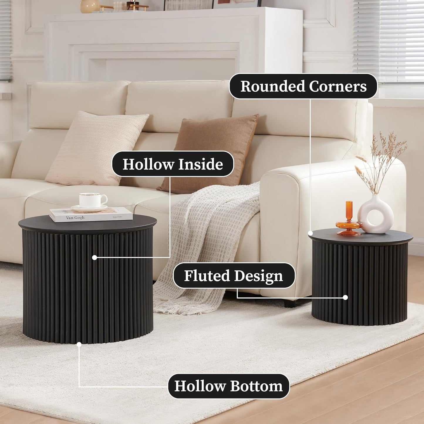 Small Fluted Round Nesting Coffee Table Set of 2, Mid Century Modern Coffee Table Circle Side
