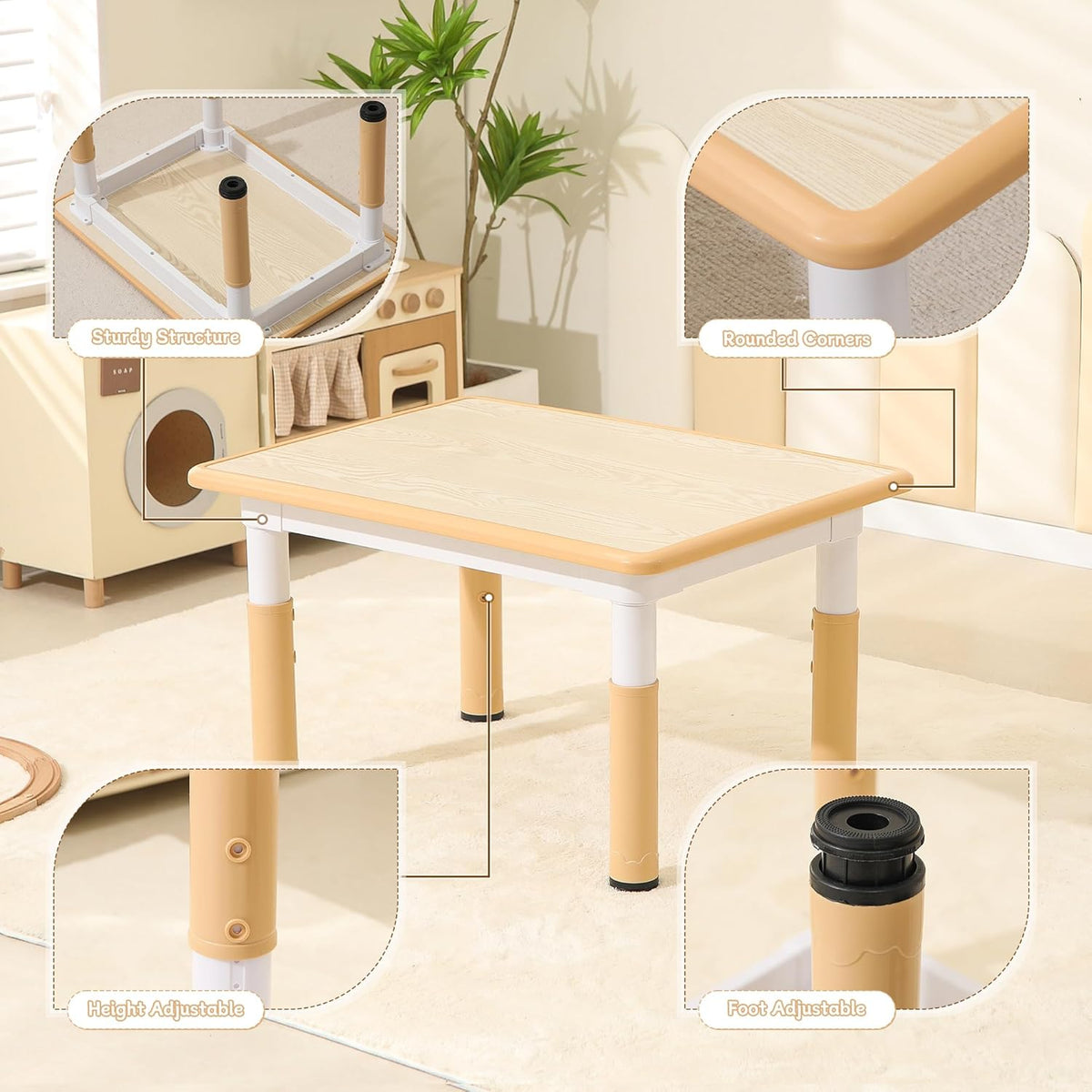 Height-Adjustable Kids Table and Chairs, 31.5''L x 23.6''W Toddler Table and 4 Chairs Set with