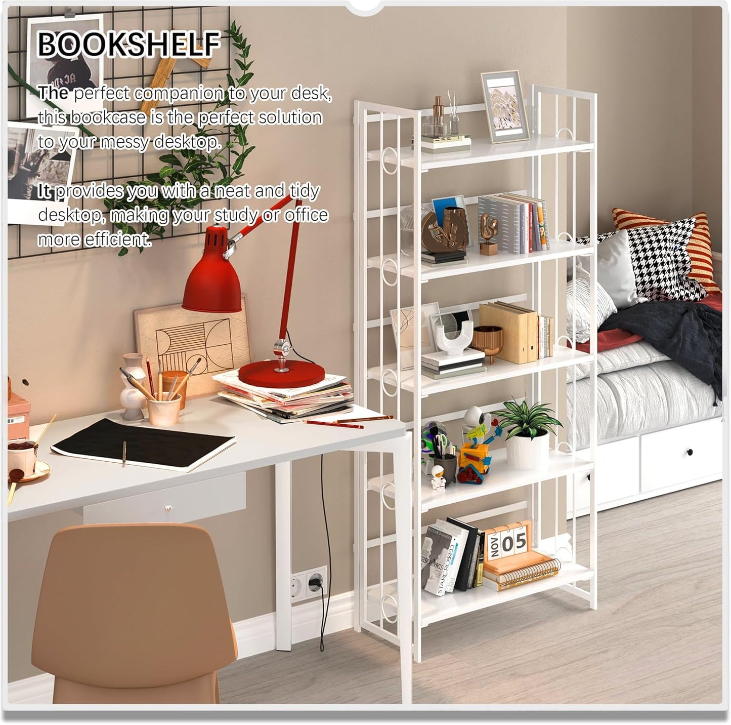 4NM No Assembly 5 Tiers Folding Bookshelf, 59.4" H Foldable Storage Shelves Vintage Bookcase