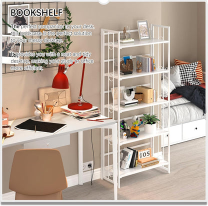 4NM No Assembly 5 Tiers Folding Bookshelf, 59.4" H Foldable Storage Shelves Vintage Bookcase