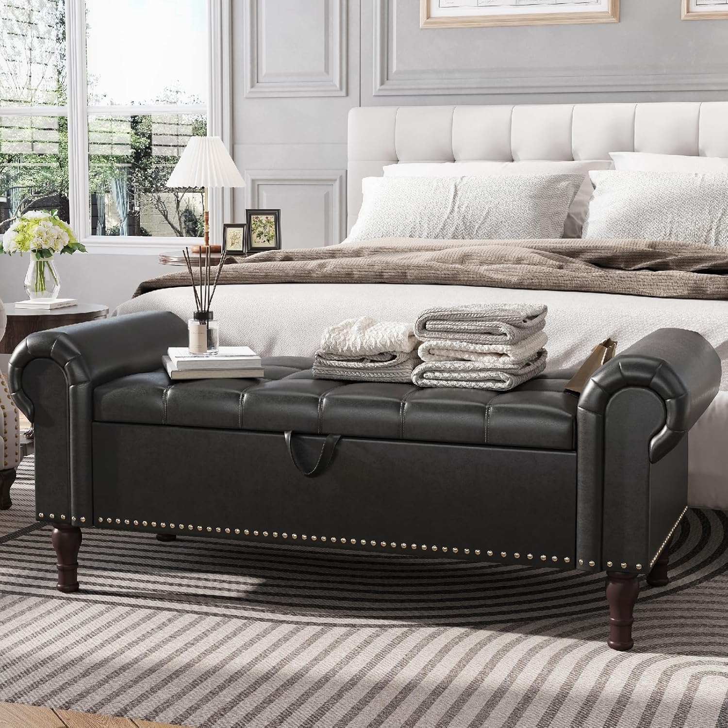 Apicizon 51”Storage Benches, Queen Size Faux Leather Bed Bench with Tufted Button, Upholstered