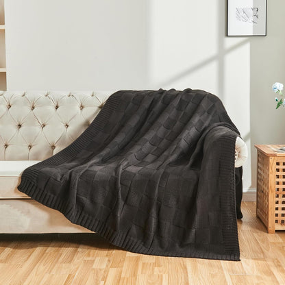 CozeCube Check Knit Throw Blanket, Jet Black Checkered Throw for Couch, Decorative Christmas Soft