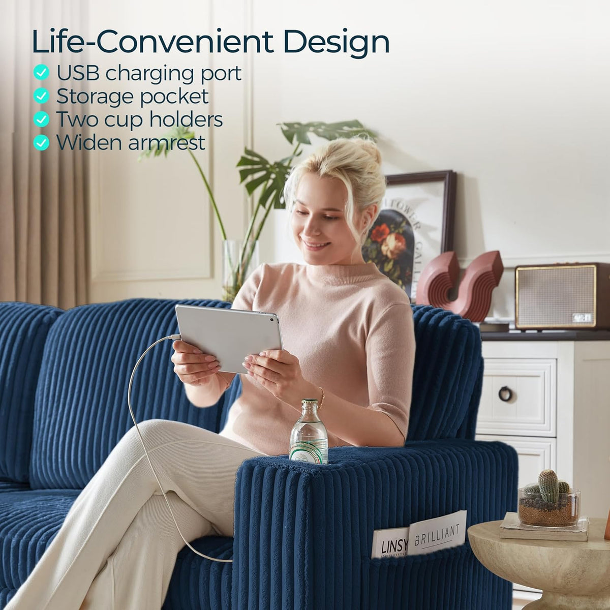 LINSY HOME Loveseat Sofa with Pull Out Couch Chaise: 2-in-1 Convertible 2 Seater Sofa with USB
