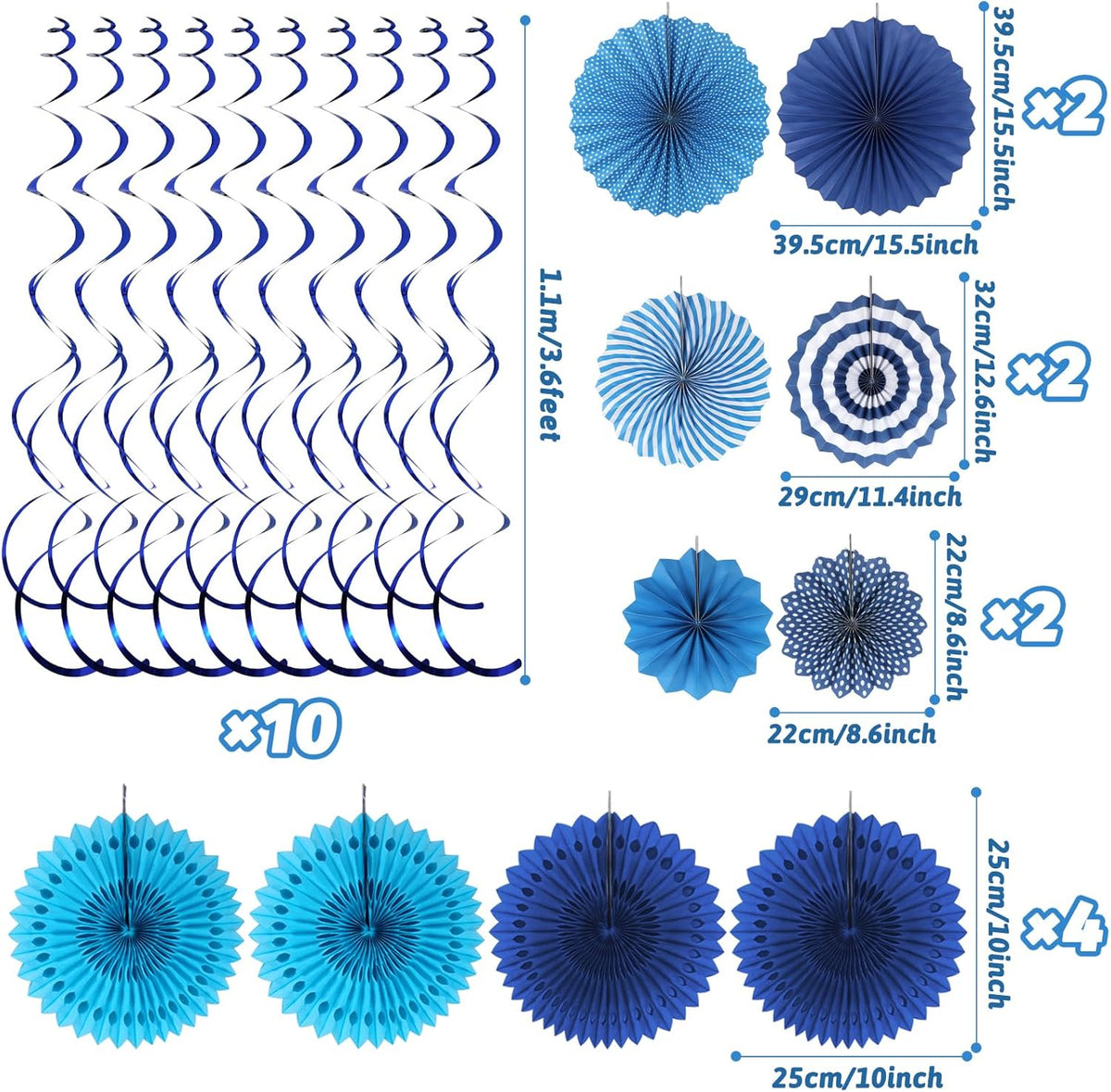 Blue Party Decorations, Easy Assembly Paper Fan Honeycomb Ball Garland Hanging Swirl Navy Blue