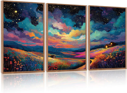 KAIRNE Framed Abstract Midnight Canvas Wall Art,Starry Night Prints Set of 3(16”X24”),Colorful