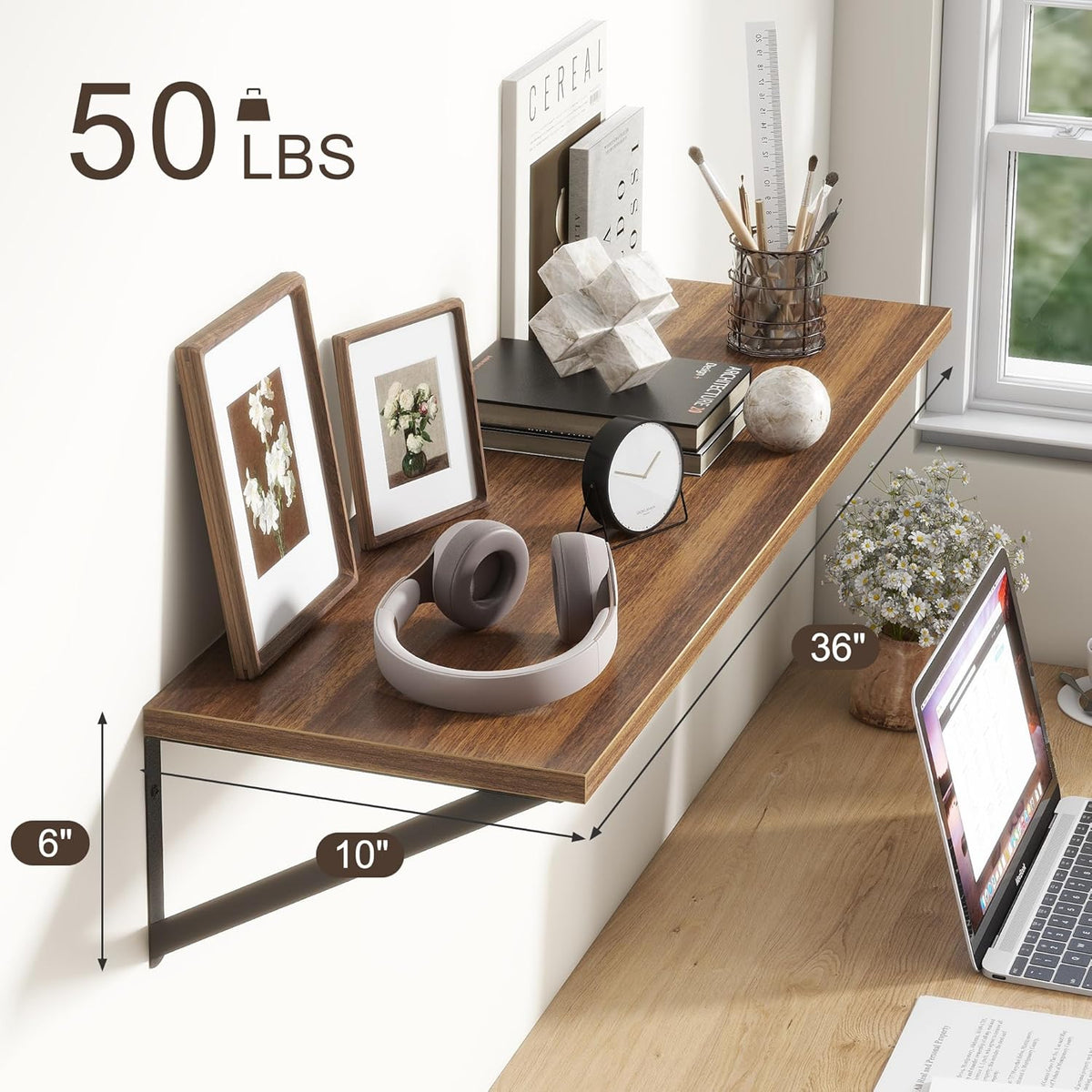 36"W x 10"D Floating Shelves, 10 Inch Deep Walnut Floating Shelves, Farmhouse Rustic Deep Wall