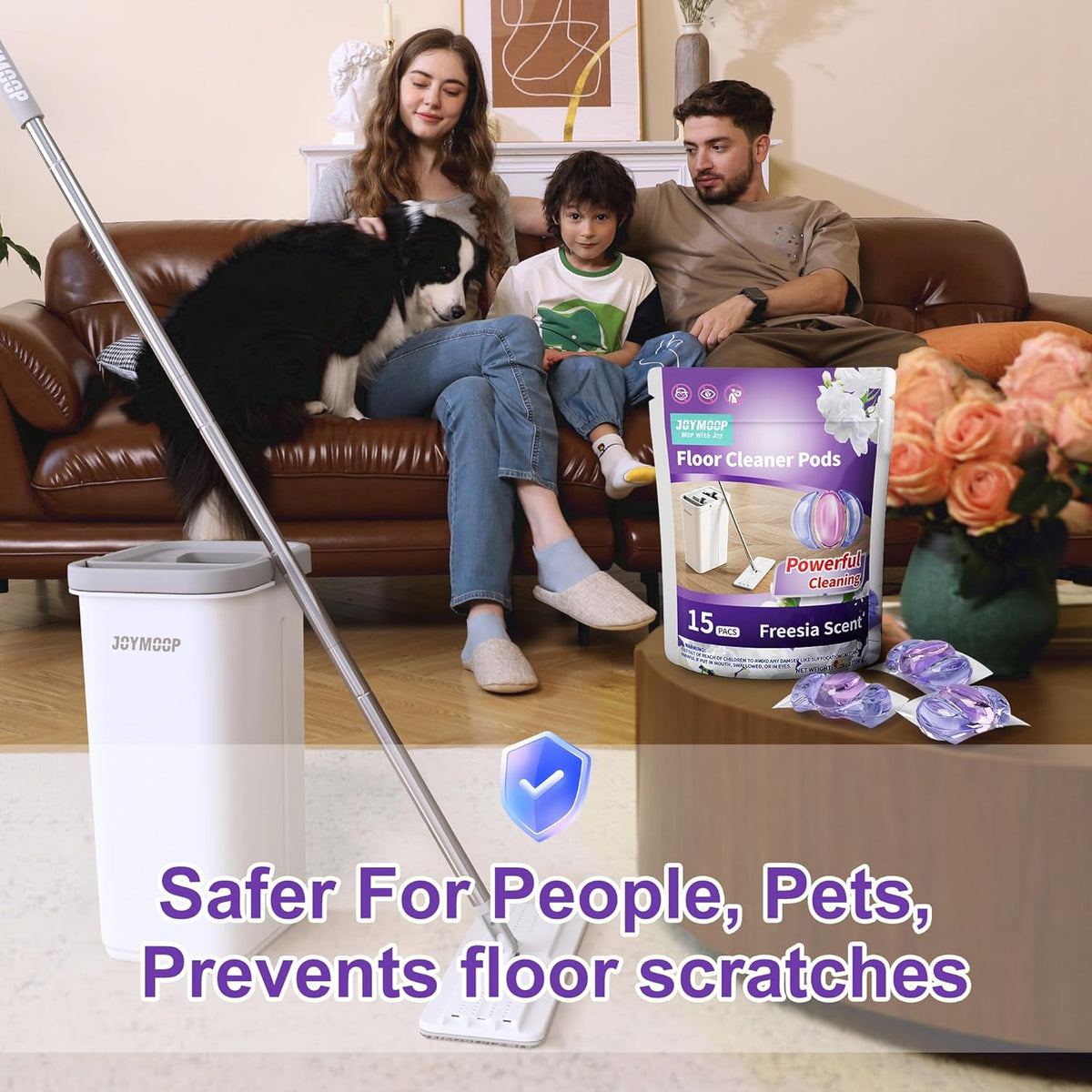 JOYMOOP Mop and Bucket with Wringer Set and Floor Cleaner Pods, Flat Floor Mop with 3 Reusable