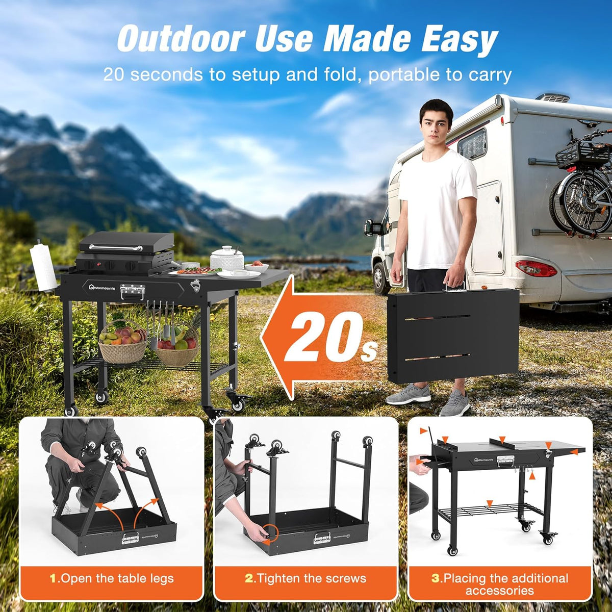Grill Table for Outside, Portable Folding Grill Cart with Wheels and Adjustable Tabletop, 400 Lbs