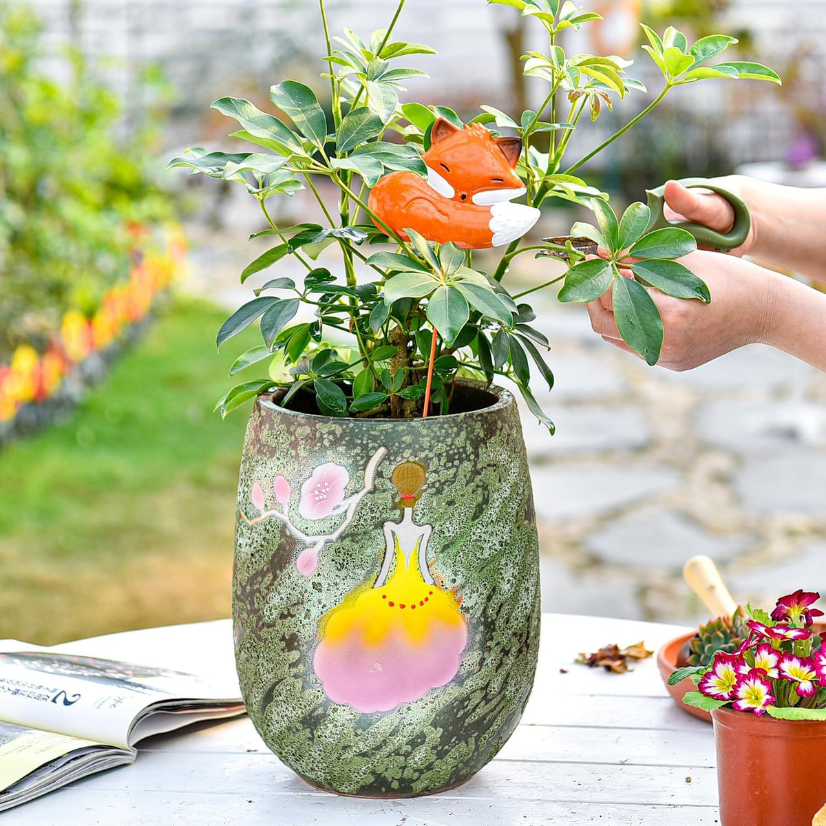 Sungmor 10.6 Inch Ceramic Succulent Plant Pot with Drainage Hole, Hand Painted Flower Pots for
