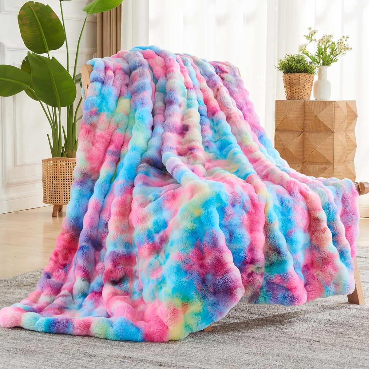 NEWCOSPLAY Faux Fur Throw Blanket Dark Rainbow Luxury Fluffy Thick Warm Bubble Blanket for Couch
