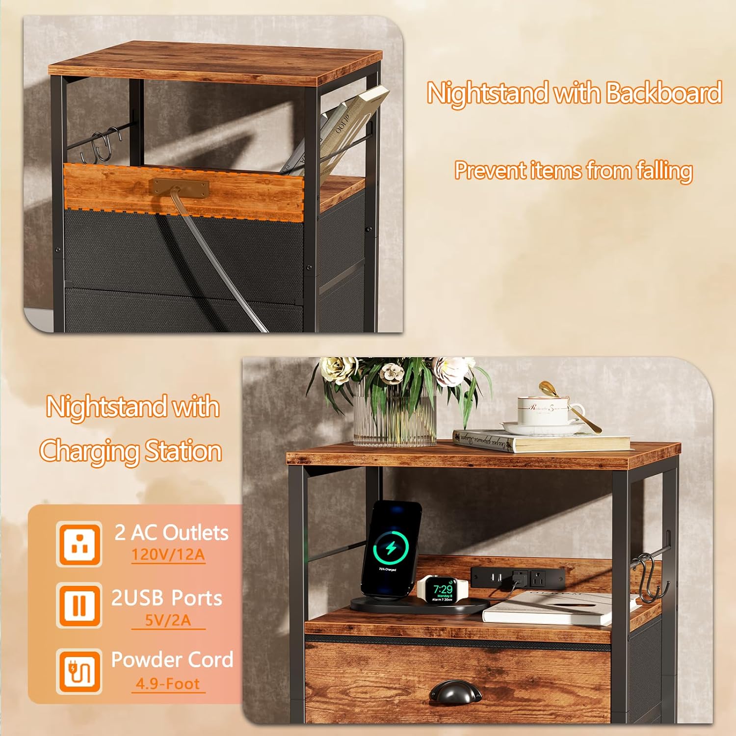 Furologee Night Stand with Charging Station, Bedside Table with Fabric Drawers, End Table with USB
