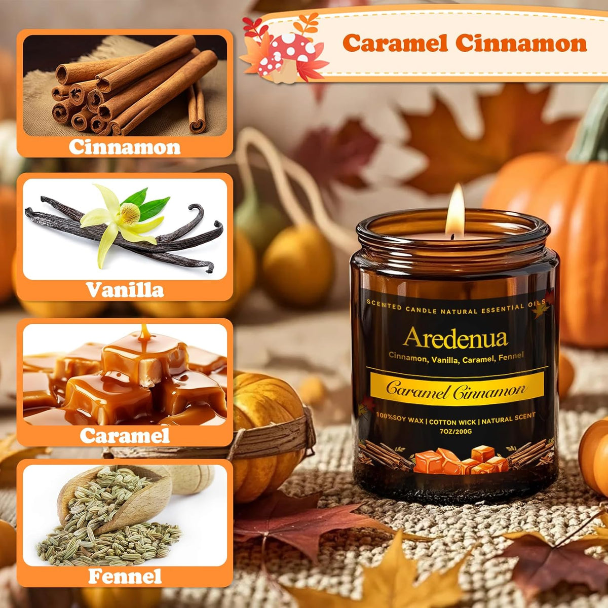 Caramel Cinnamon Candle - Fall Candle | Cinnamon Scented Candles for Autumn, 7oz Fall Soy Candles