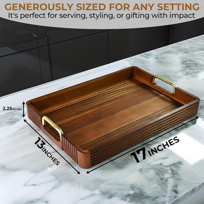 Acacia Wood Serving Tray with Metal Handles – 17x12in Rustic Decorative Ottoman & Coffee Table Tray