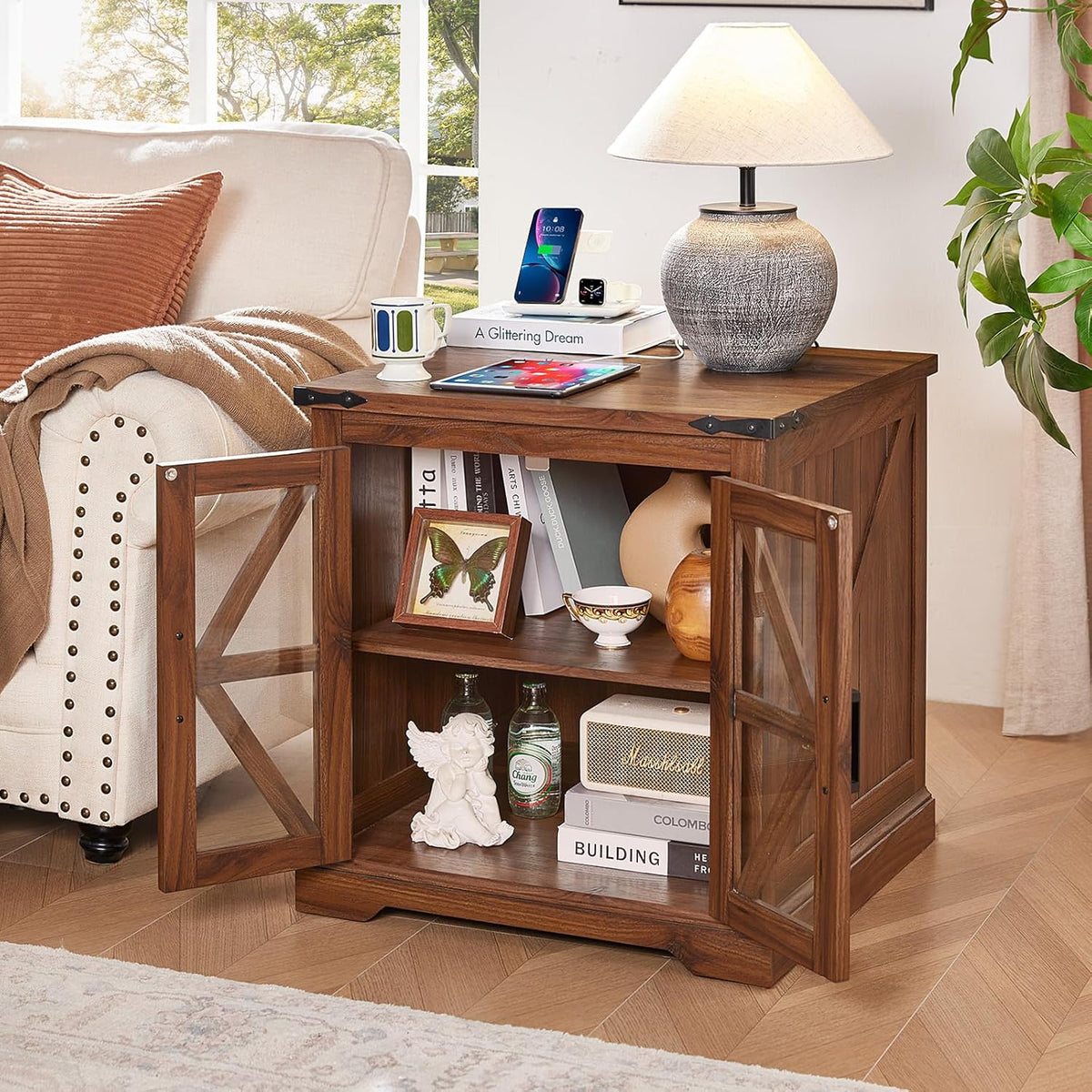 24" End Table with Charging Station, Farmhouse Night Stand with Glass Barn Door, Green Nightstands