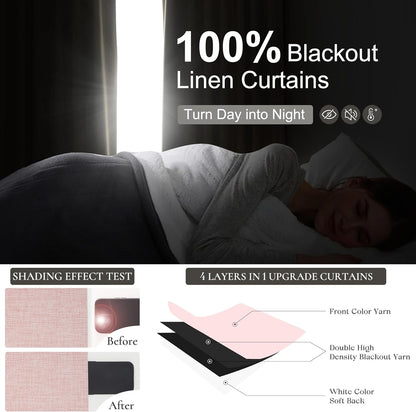 Baby Pink Black Out Curtains 96 Inch Long for Grils Bedroom 2 Panels Set, Cute Pinch Pleat Flax