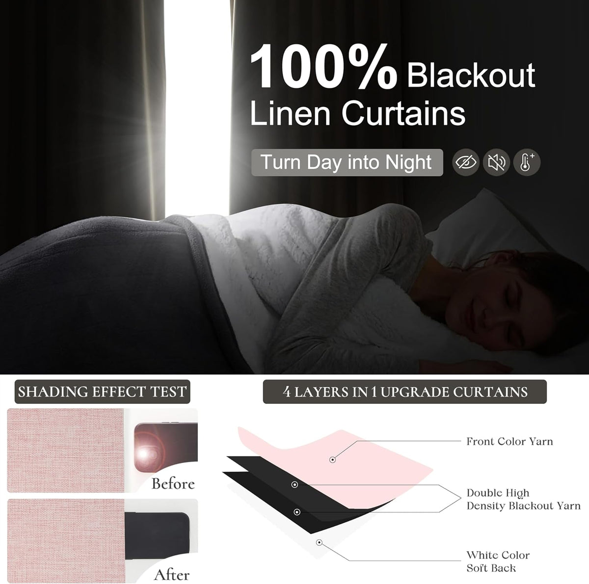 Baby Pink Blackout 102 Inch Long Curtains for Living Room, Farmhouse Textured Linen Pinch Pleat