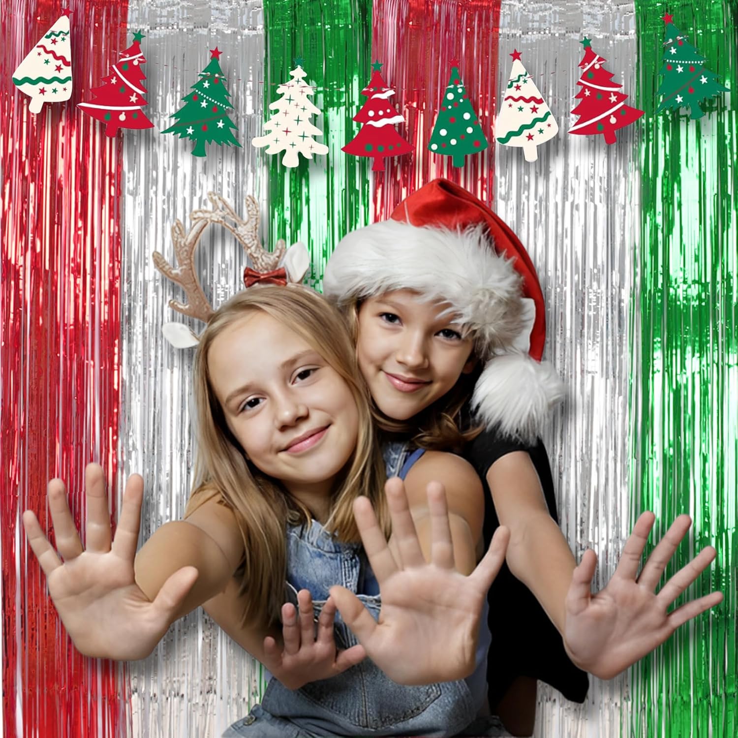 BRAVESHINE 2 Pack Fringe Backdrop Red Silver Green Christmas Party Decorations 3.2 x 6.6 ft Tinsel