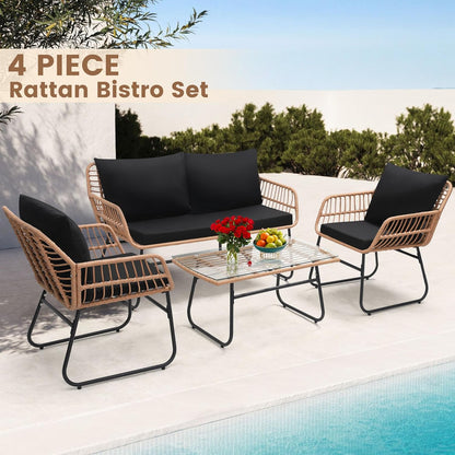 Kromax 4 Piece Patio Bistro Outdoor Furniture Set, Wicker Sofa, 2 Rattan Chairs, and Table