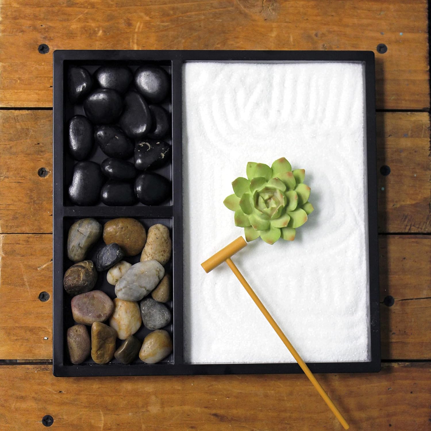 Nature's Mark Mini Zen Garden Kit for Desk with Rake, White Sand, Lotus Figure, 3 Sections Black