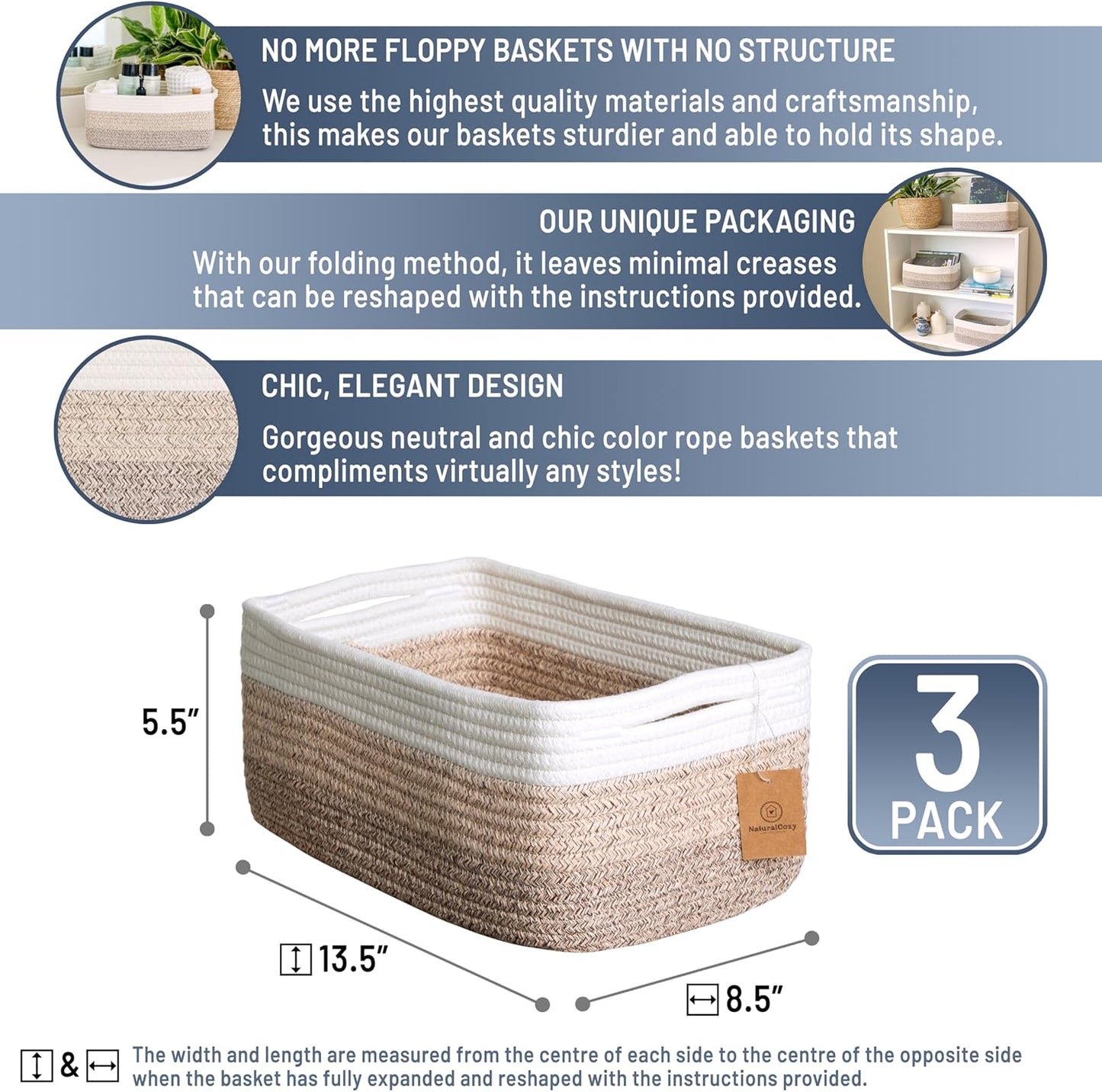 NaturalCozy 13.5”x8.5”x5.5” Storage Baskets for Shelves 3 Pack | Cotton Rope Woven Small Baskets