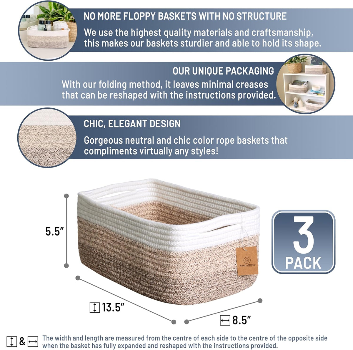 NaturalCozy 13.5”x8.5”x5.5” Storage Baskets for Shelves 3 Pack | Cotton Rope Woven Small Baskets