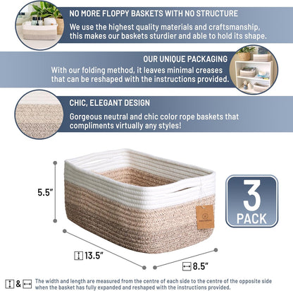 NaturalCozy 13.5”x8.5”x5.5” Storage Baskets for Shelves 3 Pack | Cotton Rope Woven Small Baskets