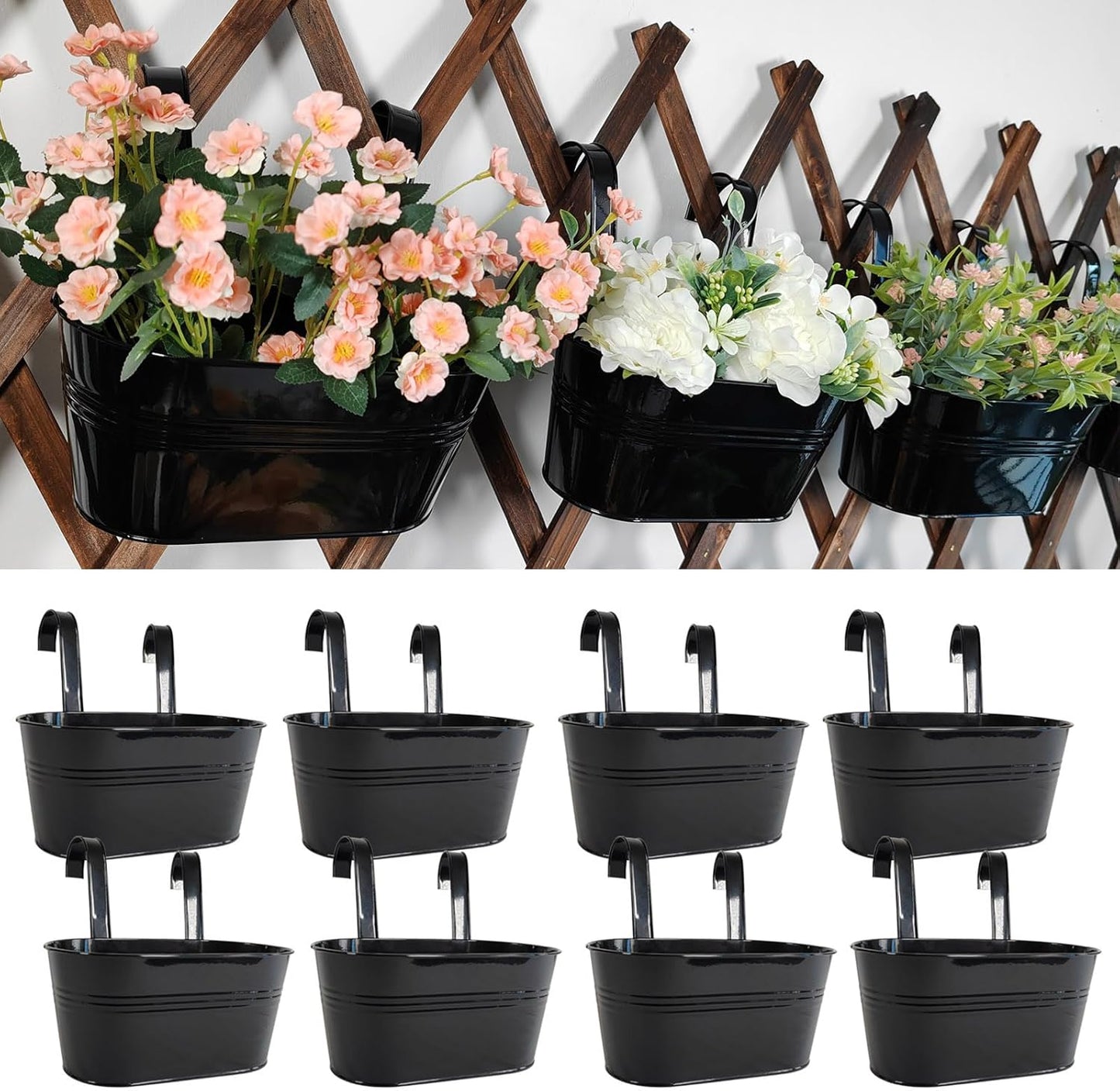 8 Pack Metal Hanging Planter for Outdoor Plants, 10 Inch Black Fence Planters Railing Pots for