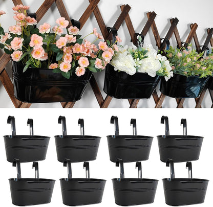 8 Pack Metal Hanging Planter for Outdoor Plants, 10 Inch Black Fence Planters Railing Pots for