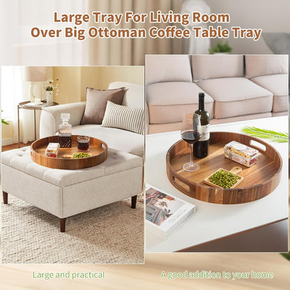 Large Ottoman Tray, 22" Big Ottoman Tray for Living Room, Large Serving Tray with Handles for
