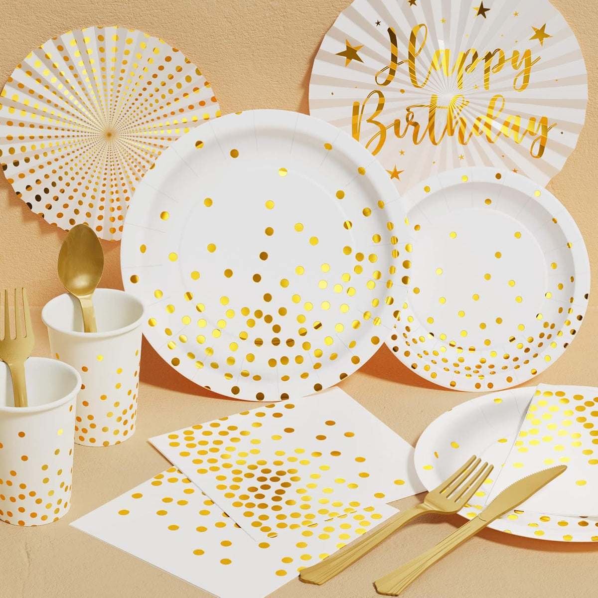 White and Gold Party Supplies, 350PCS Disposable Dinnerware Set w/White Paper Plates Napkin Cups