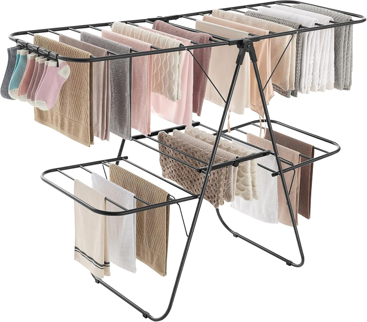 SONGMICS Clothes Drying Rack, Foldable 2-Level Laundry Drying Rack, Free-Standing Laundry Airer