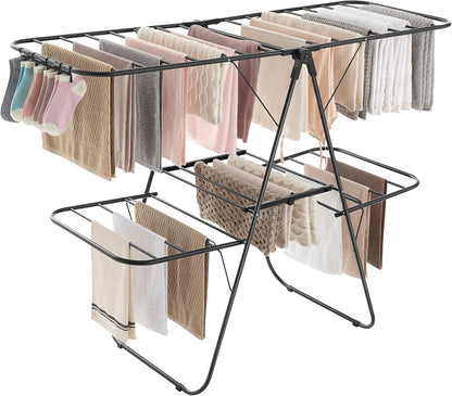SONGMICS Clothes Drying Rack, Foldable 2-Level Laundry Drying Rack, Free-Standing Laundry Airer
