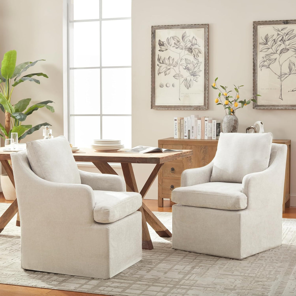 VKNOW Upholstered Dining Chairs Set of 2, Modern Kitchen Chairs Dinner Chairs with 4 Casters, Linen
