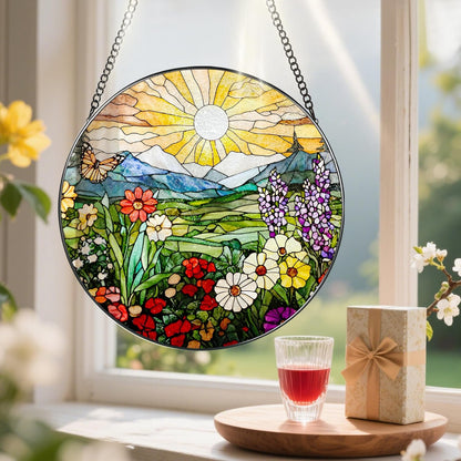 8 Inch Mountain Wildflowers Stained Glass Suncatcher, Suncatchers for Windows Hanging, Window