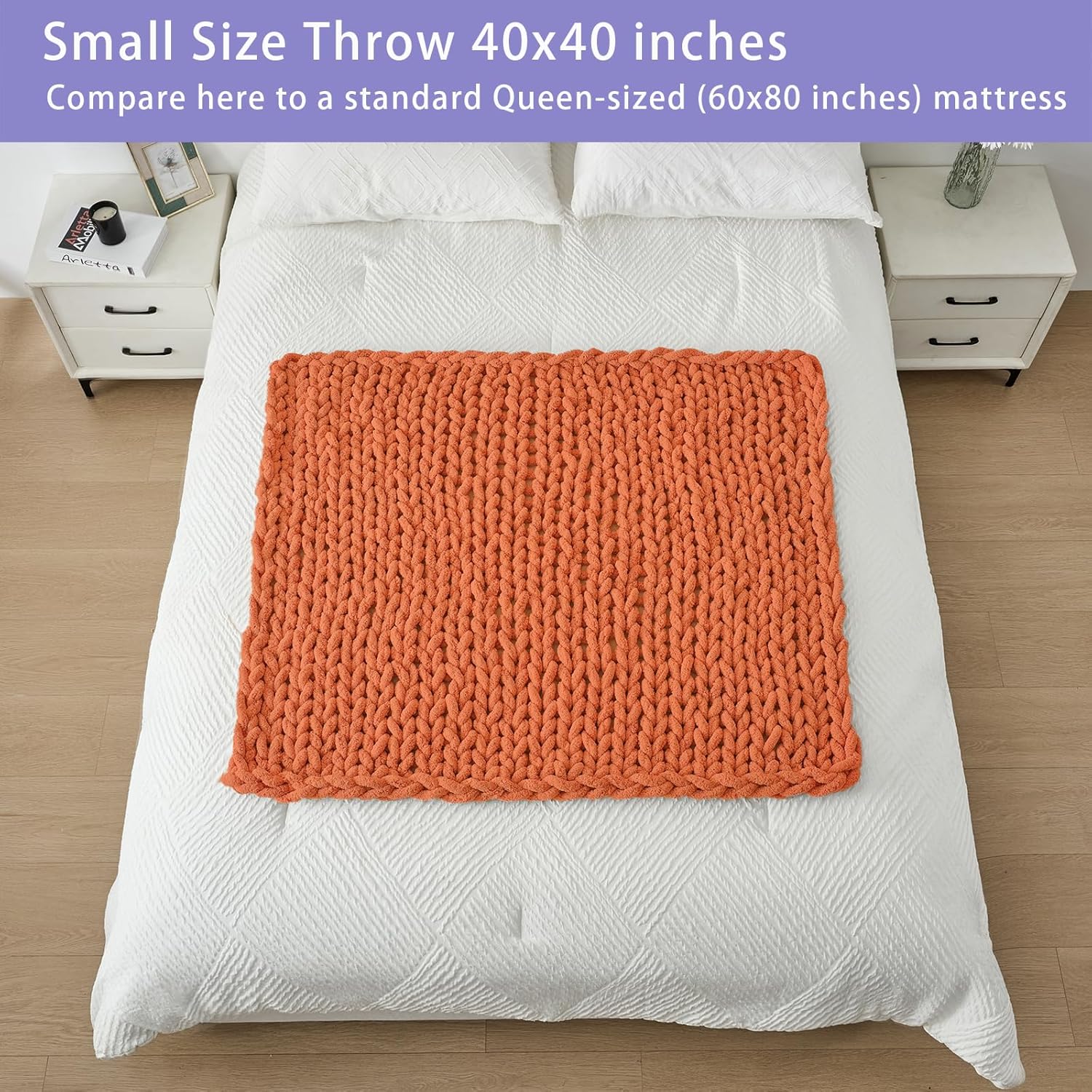 Bigacogo Chunky Knit Throw Blanket for Couch, 40x40 inches, 100% Hand Knitted with Thick Jumbo