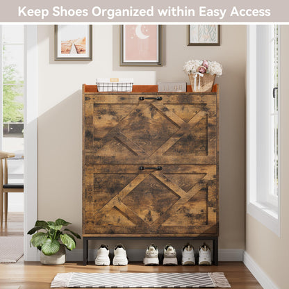 Nicetree Shoe Storage Cabinet with 2 Flip Drawers, Freestanding Wood Shoe Organizer with Metal